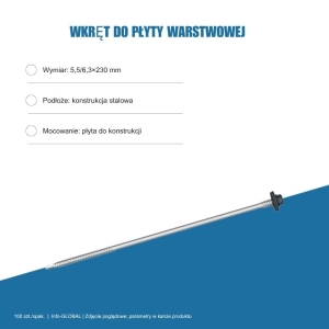 Wkręt do płyty warstwowej Info-GLOBAL AR6 W CSG 5,5/6,3×230 mm, kolory RAL, 100 szt.